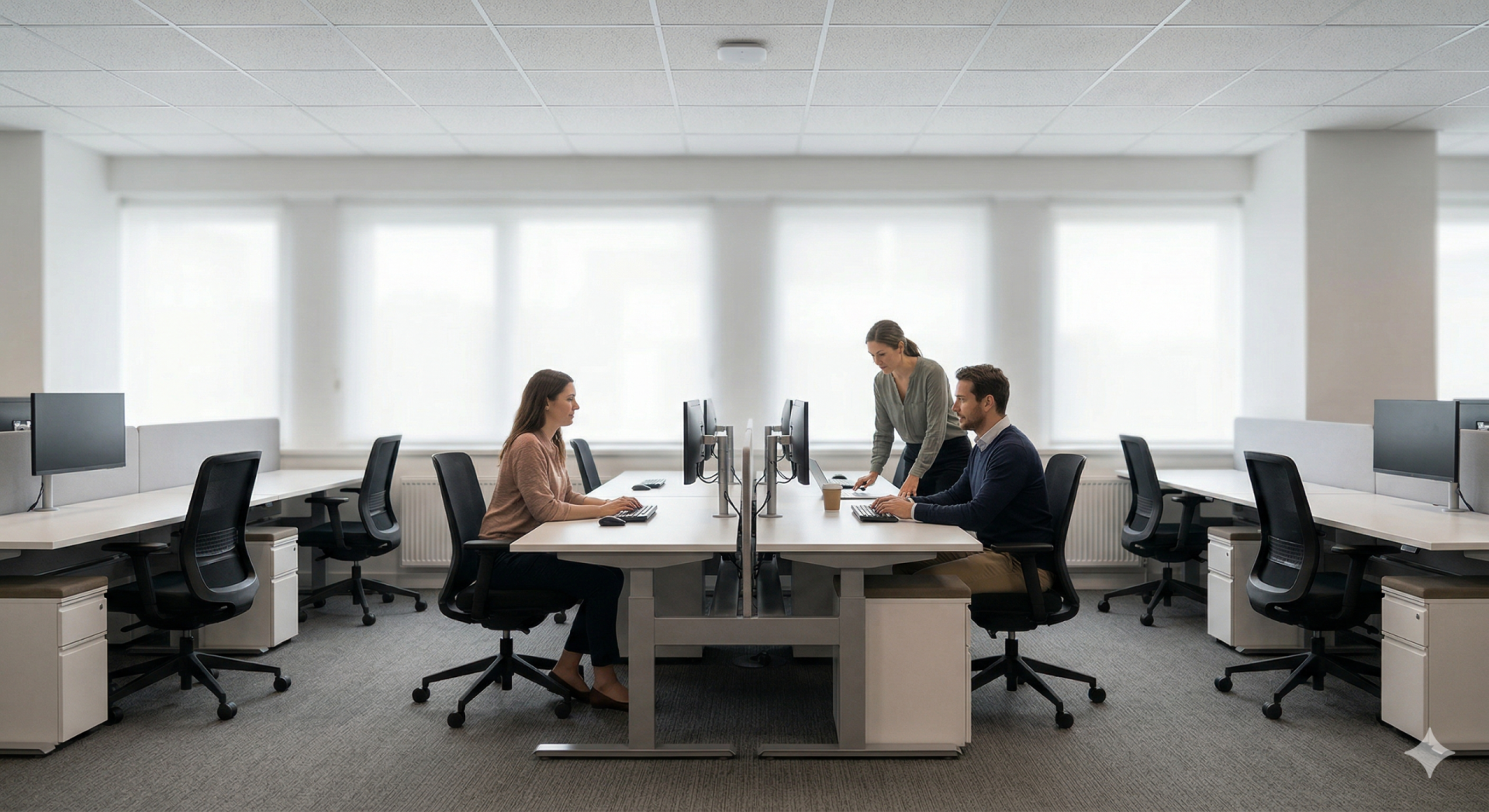 A professional, modern photograph of three office workers collaborating. Two men and one woman are gathered around a white table. The woman, on the right, is smiling and gesturing with a pen toward a man using a laptop, while the second man on the left also uses a laptop and listens. They are in a brightly lit, contemporary office with neutral colors, natural light from a window in the background, and multiple unoccupied desks with office chairs. The ceiling has acoustic tiles and diffused panel lighting.