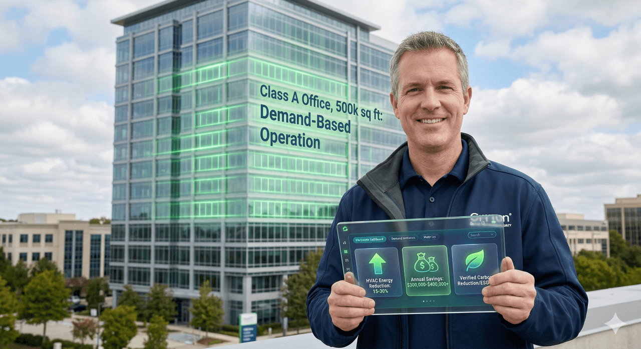 A realistic photograph of a smiling facility manager holding a transparent illustrative glass tablet with a dynamic dashboard displaying key metrics: 'HVAC Energy Reduction: 15-30%', 'Annual Savings: $300,000-$400,000+', and 'Verified Carbon Reduction/ESG', set against a large commercial high-rise with green illustrative overlays.