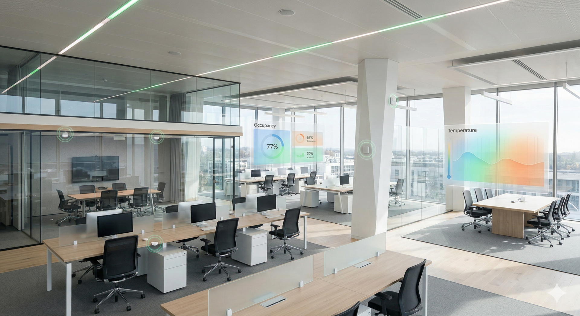 A high-angle realistic photograph of a modern, open-plan office. Subtle, integrated sensing technologies are visible: thin LED light strips on the ceiling pulse with gentle green light indicating active Power-over-Ethernet (PoE) connections, and small, inconspicuous occupancy sensors are mounted under desks. Transparent, overlaid data visualizations float slightly above the physical spaces, showing abstract real-time occupancy percentages and temperature gradients in soft blues, greens, and oranges. The overall atmosphere is futuristic, professional, and sophisticated.