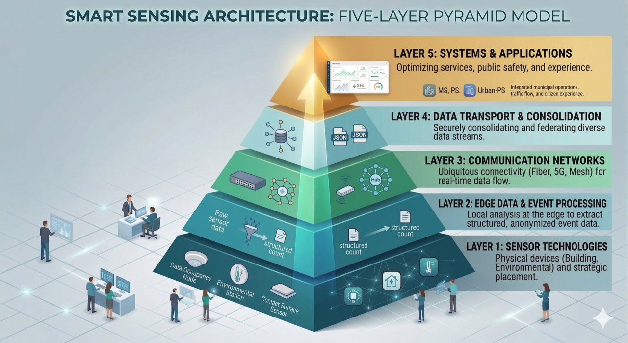 An informational graphic titled 'SMART SENSING ARCHITECTURE: FIVE-LAYER PYRAMID MODEL' set against an isometric backdrop of a control room with small figures working at computer workstations. The central focus is a five-layer 3D pyramid with arrows indicating data flowing upward from sensors at the base to applications at the apex.
Text labels on the right describe each level from bottom to top:
Layer 1: SENSOR TECHNOLOGIES (Dark blue base): Text reads, 'Physical devices (Building, Environmental) and strategic placement.' Icons show ceiling occupancy sensors, environmental stations, and surface sensors.
Layer 2: EDGE DATA & EVENT PROCESSING (Light blue): Text reads, 'Local analysis at the edge to extract structured, anonymized event data.' An graphic shows 'raw sensor data' entering a funnel and exiting as a 'structured count' document.
Layer 3: COMMUNICATION NETWORKS (Green): Text reads, 'Ubiquitous connectivity (Fiber, 5G, Mesh) for real-time data flow.' Icons show network switches, routers, and a central hub.
Layer 4: DATA TRANSPORT & CONSOLIDATION (Teal): Text reads, 'Securely consolidating and federating diverse data streams.' Icons show network nodes feeding into storage servers and document icons labeled 'JSON.'
Layer 5: SYSTEMS & APPLICATIONS (Gold apex): Text reads, 'Optimizing services, public safety, and experience.' Icons show an analytical dashboard with charts, labeled 'MS, PS.' and 'Urban-PS' for municipal and public safety operations.