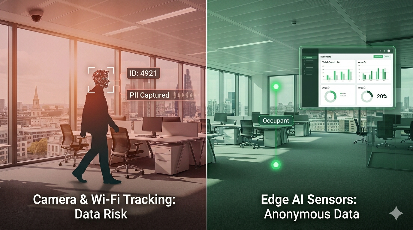 A split-screen graphic comparing occupancy tracking methods. The left side, tinted red, shows a person's silhouette overlaid with facial recognition wireframes, an ID tag, and a 