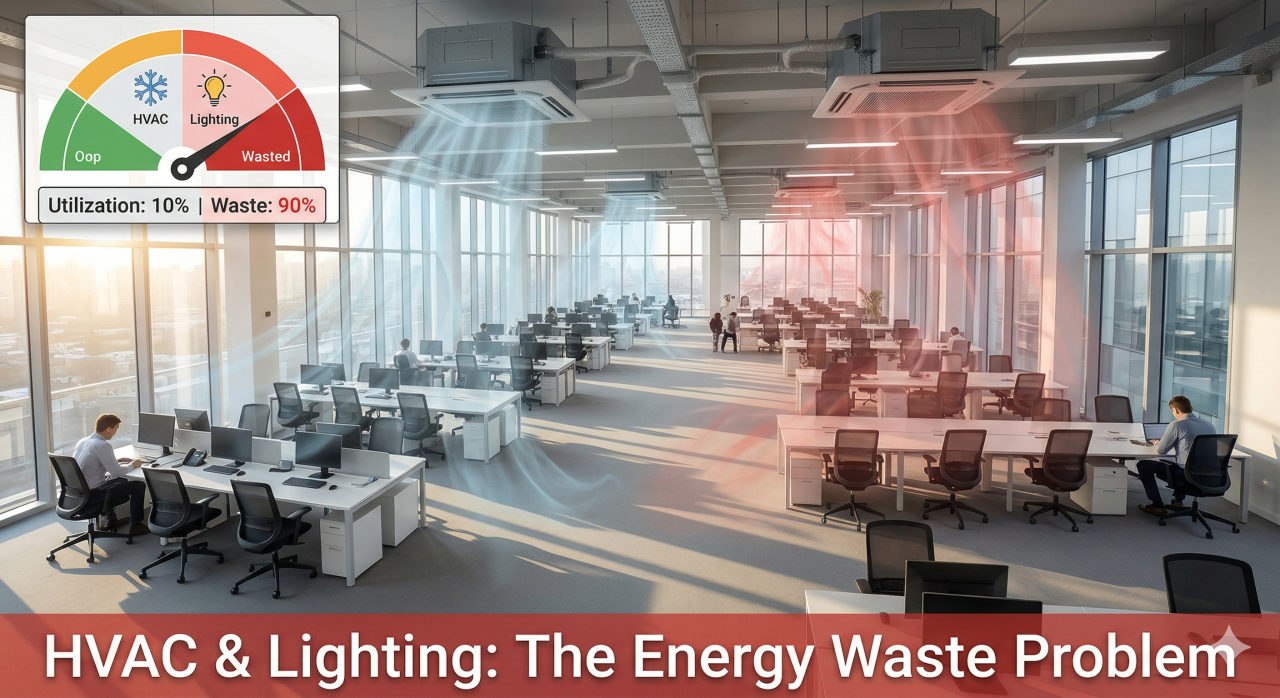 A wide-angle photograph of an empty modern office with all lights and HVAC systems fully operational, accompanied by illustrative red and blue 'ghost' flows and an infographic gauge showing 90% energy waste due to 10% utilization.