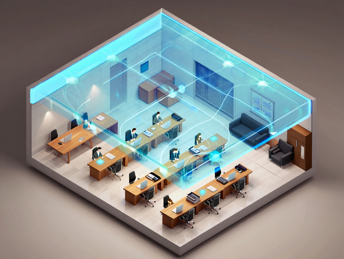 3D isometric illustration of a modern open-plan office with a glowing cyan digital data mesh overlay and floating sensor nodes above workstations.