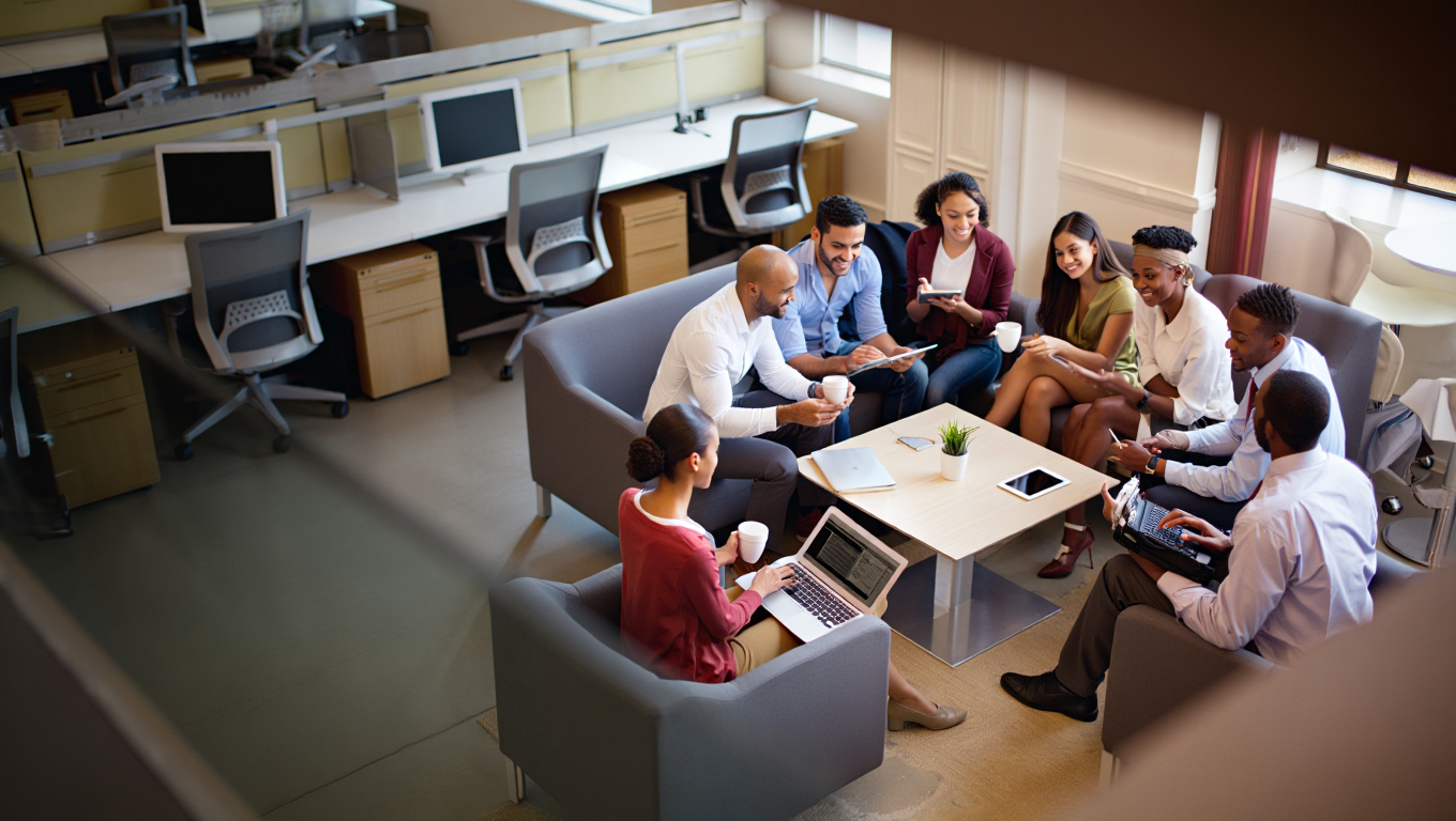 A high-angle photorealistic photograph of a modern corporate office showing a contrast in space utilization. In the foreground, a diverse group of nine professionals in business casual attire sit together on gray sofas around a low coffee table, actively collaborating with laptops, tablets, and coffee cups. In the background, rows of traditional office desks with monitors and rolling chairs sit completely empty and unused. Warm, natural lighting streams through large windows, casting a soft glow over the scene.