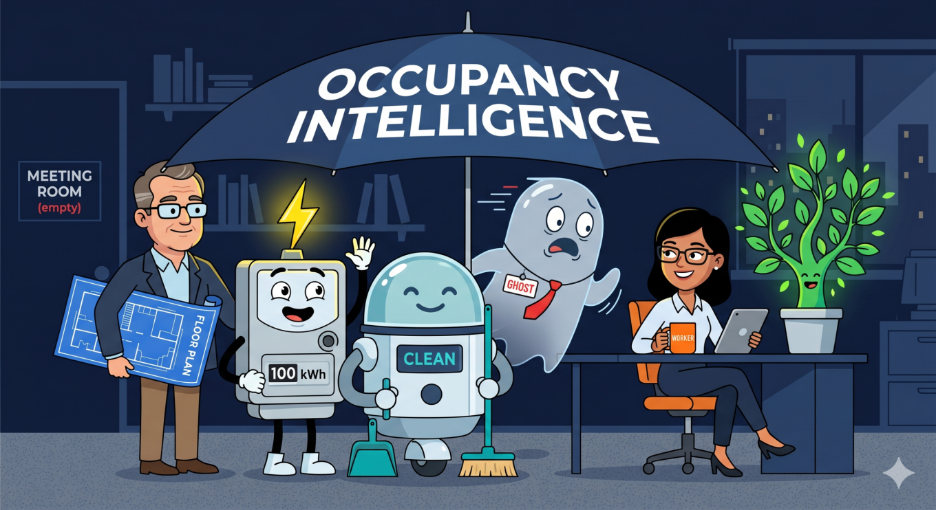 A witty, editorial-style cartoon illustration set in a dark navy-blue office environment. Six distinct characters are gathered under a large, dark umbrella that reads 'OCCUPANCY INTELLIGENCE' in white text. From left to right, the characters are: a man holding a blueprint, a cheerful anthropomorphic energy meter with a lightning bolt, a friendly cleaning robot holding a dustpan and broom, an anxious ghost wearing a red tie fleeing a room labeled 'MEETING ROOM (empty)', a smiling woman working at a desk with a tablet and a coffee mug, and a glowing, happy green potted plant. The illustration uses flat, bold colors with a focus on blues and teals