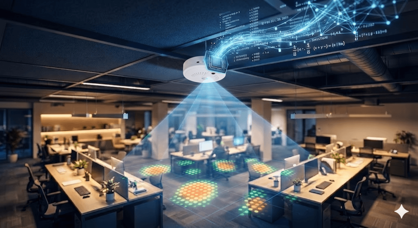 A ceiling-mounted edge AI occupancy sensor scanning an open-plan office, with an abstract heatmap overlay showing occupant positions as anonymous coordinate dots — no images or video transmitted.