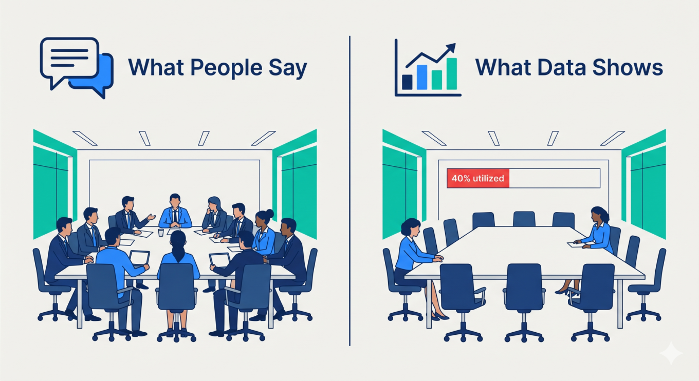 A split-screen infographic comparing 'What People Say' versus 'What Data Shows' regarding meeting room utilization, illustrated in a minimal flat design using navy, bright blue, and teal on an off-white background. On the left, beneath a speech bubble icon, a crowded meeting room shows ten people sitting around a large table. On the right, beneath a data chart icon, the same meeting room is shown with only two people seated at the large empty table, while a red progress bar on the back wall reads '40% utilized'.