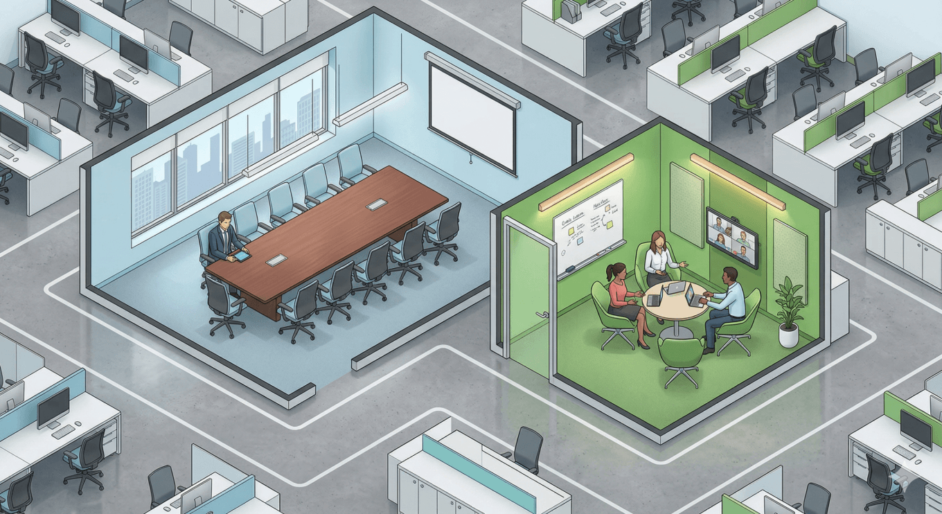 A clean, professional 3D isometric illustration showing a cross-section of a hybrid office floor plan. On the left, a large, traditional 12-person boardroom sits mostly empty with only one person inside. On the right, a compact, well-designed huddle room is actively being used by three people. The illustration style should be modern, clean, and architectural. The color scheme must rely heavily on light blue and green tones to differentiate the spaces. Do not include any purple elements.