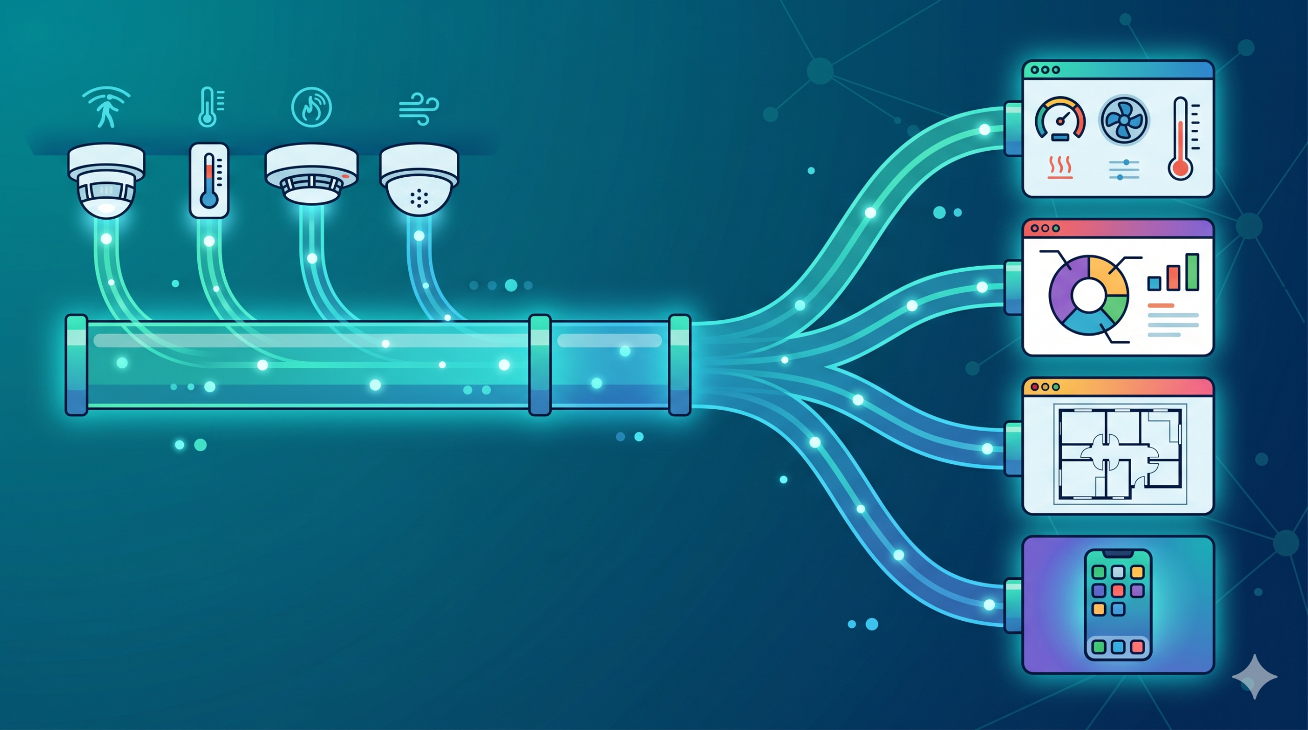 Stylized illustration of an open data pipeline branching from occupancy sensors on the left into multiple platform outputs on the right, representing application-agnostic data access