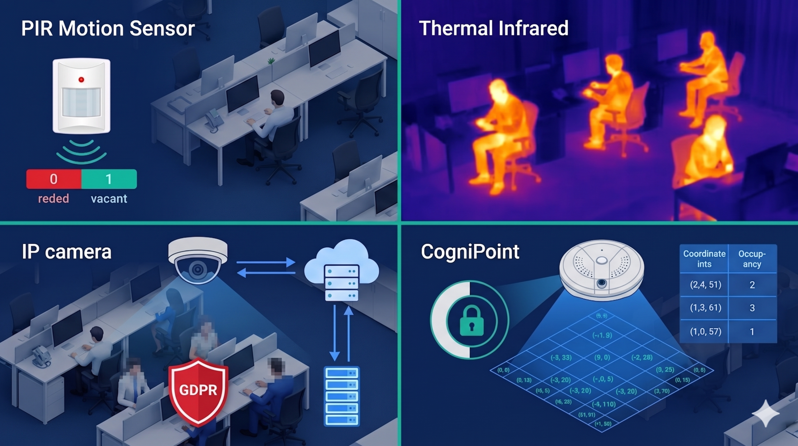 Four sensors in a row above an office corridor, each projecting a different cone of light downward.