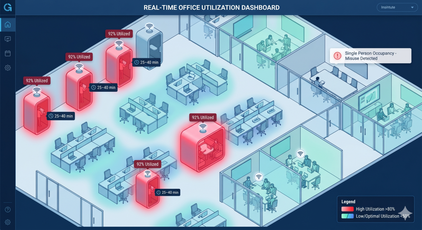 Isometric office floor plan with occupancy heat-map overlays showing phone booths and focus pods at near-full capacity in red, while open desks remain underutilized in blue — illustrating occupancy data patterns for quiet spaces.