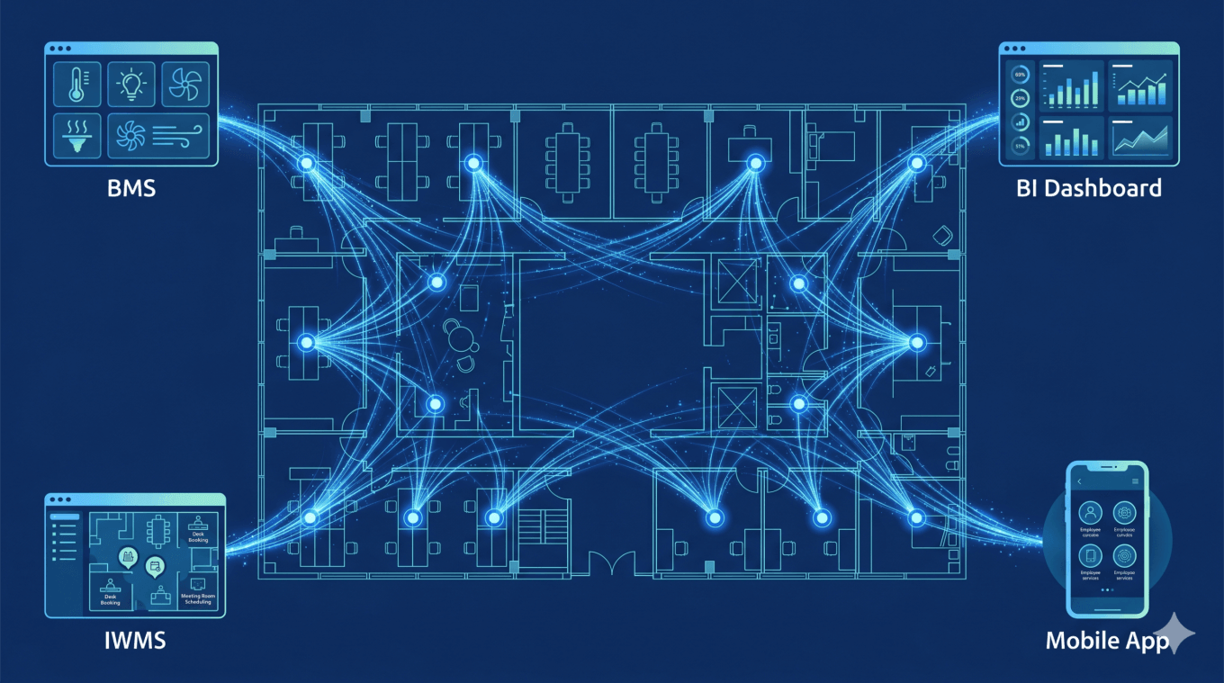 Diagram of an open occupancy data architecture showing sensor nodes on a building floor plan sending data streams to multiple independent platforms including BMS, BI tools, IWMS, and custom apps.