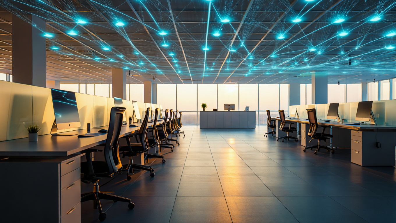 Modern open-plan office at dusk with glowing cyan mesh network nodes and data flow lines on the ceiling above workstations