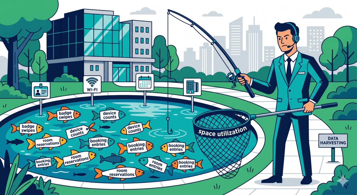 A cartoon professional fishes in a data pond full of badge swipes and Wi-Fi records, but their 