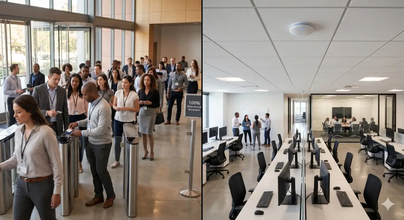 Split-frame photo contrasting a busy office lobby where employees are badging in with the actual office floor where many desks are empty — a CogniPoint sensor on the ceiling captures the true utilization picture.