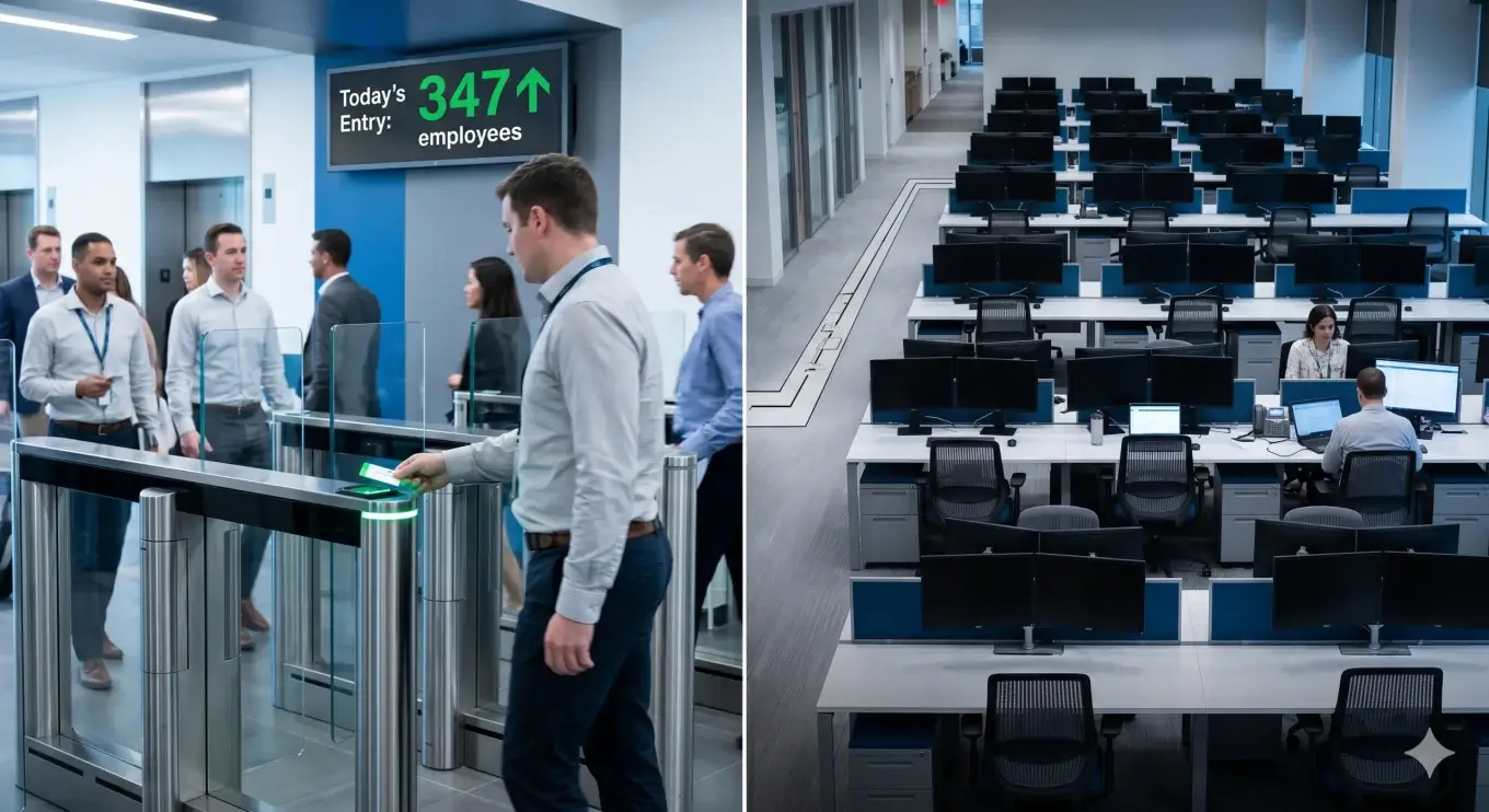 A corporate building entrance showing a digital counter of 347 employees badged in today, contrasted with the actual office floor where large stretches of desks are empty despite the high entry count