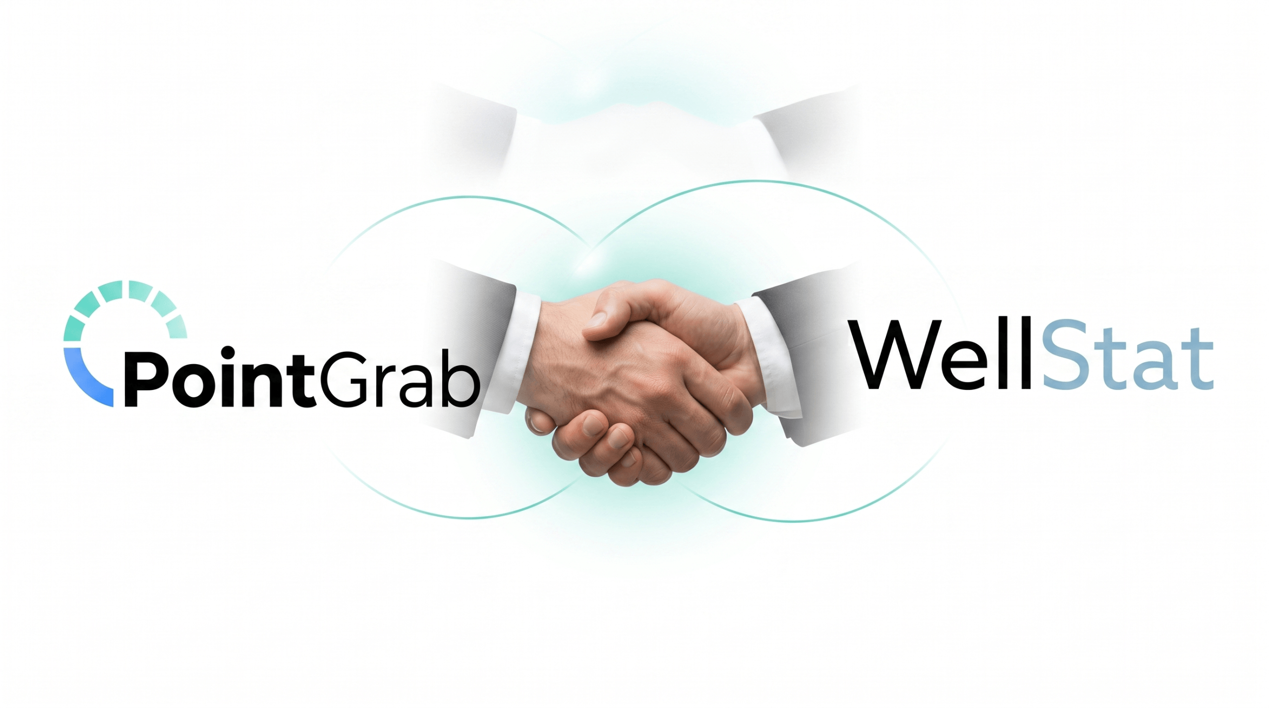 PointGrab and WellStat logos connected by a business handshake, representing their channel partnership to deliver unified occupancy and indoor air quality data.