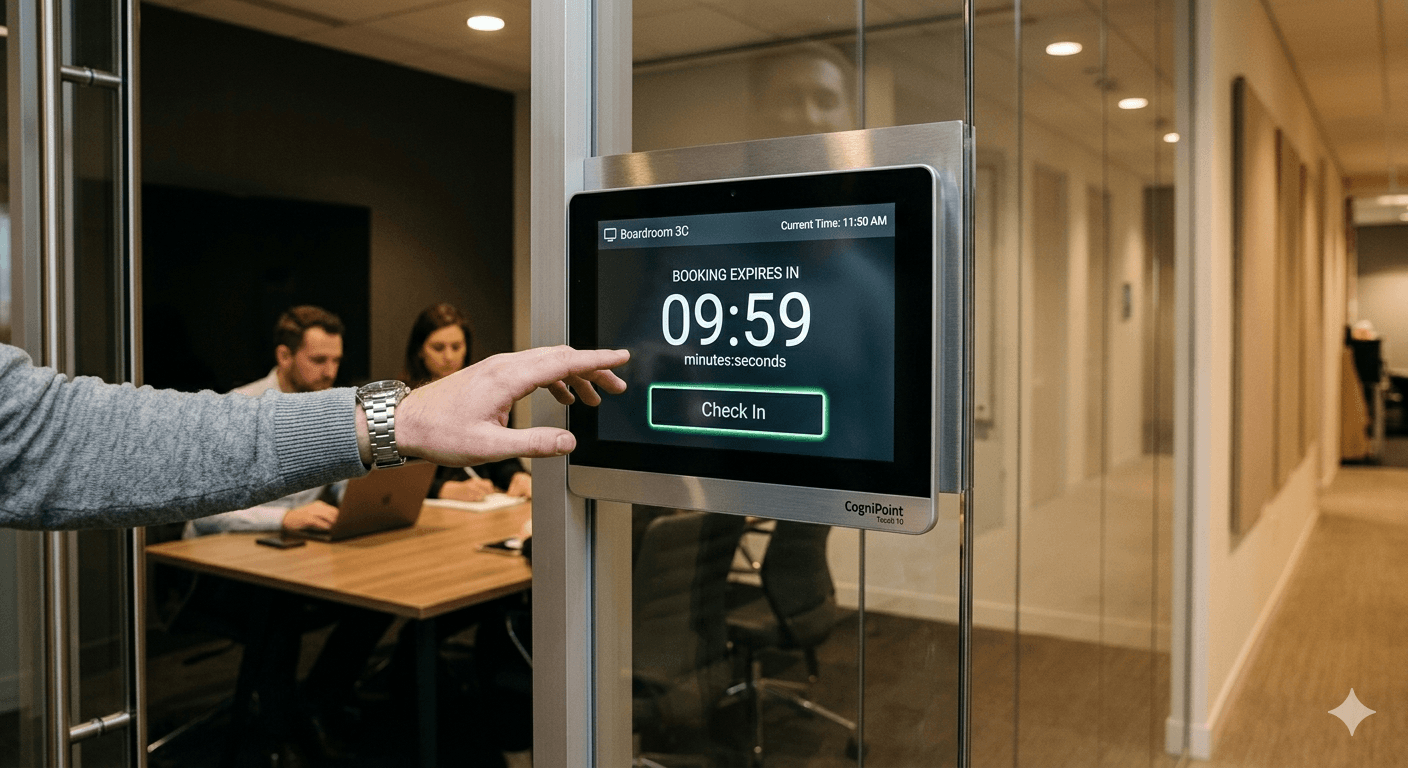 A digital room booking panel shows a 10-minute grace period countdown, while the meeting room behind it has people — illustrating why timer-based booking systems fall short.