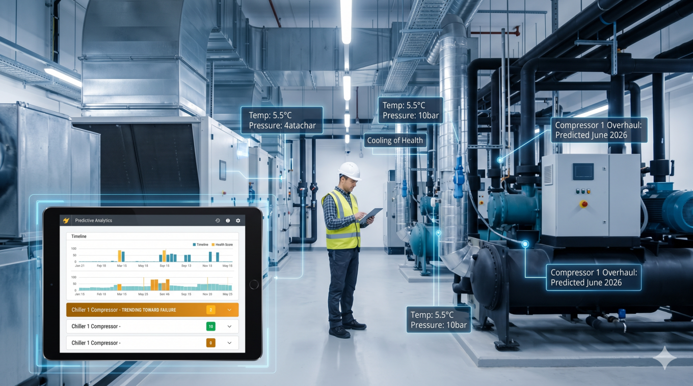 Facility technician reviewing AI-powered predictive maintenance analytics on a tablet in a commercial building mechanical room