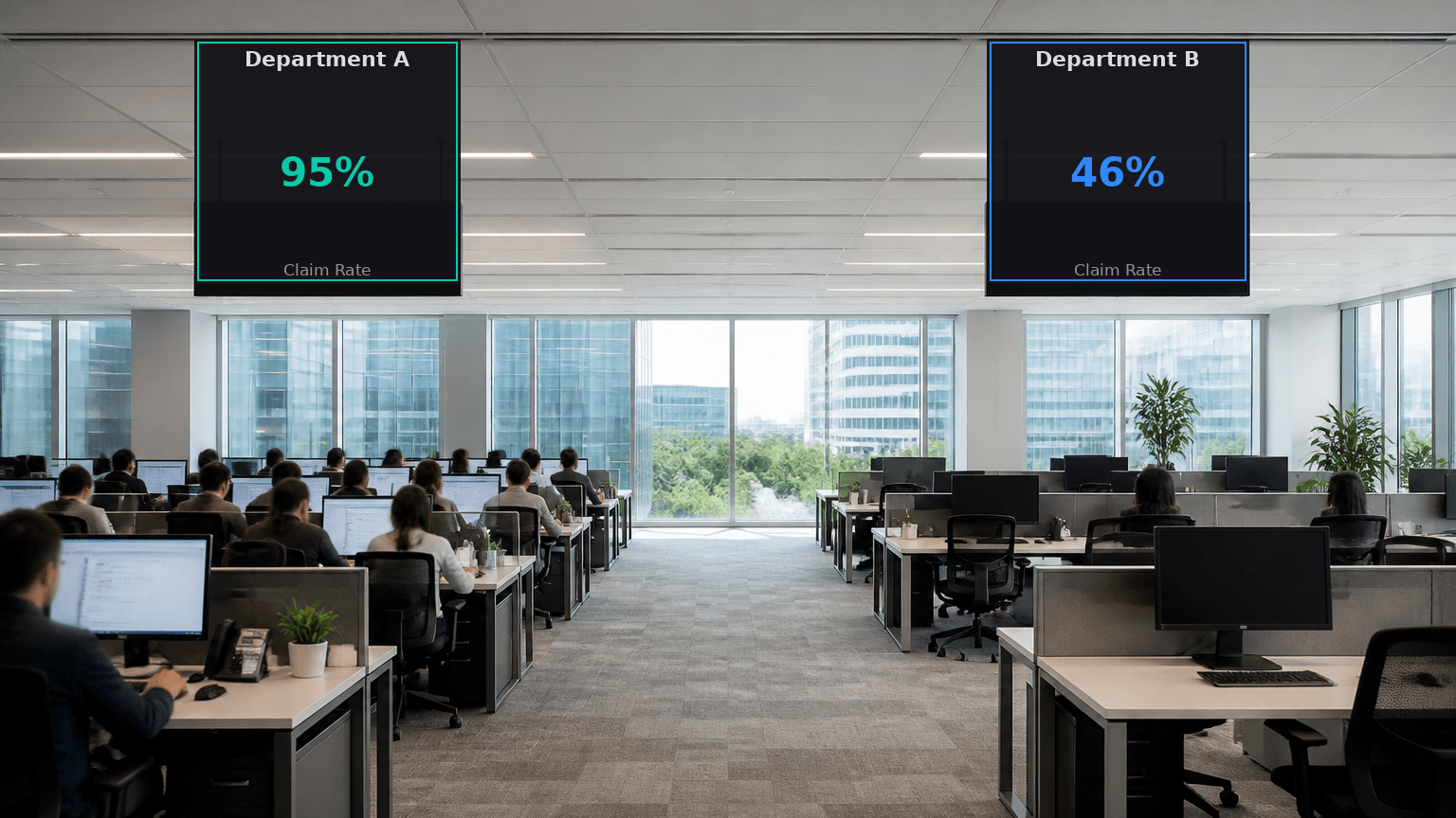 A modern open-plan office floor divided into two department zones, each with a hanging digital display showing occupancy claim rate — Department A at 95% on the left with all workstations fully occupied, and Department B at 46% on the right with half the desks empty, illustrating the workplace allocation paradox.